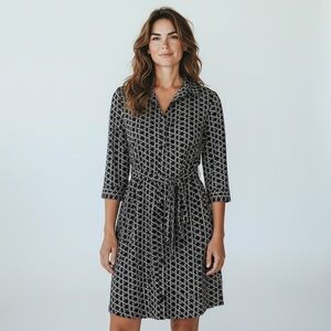 Laundry by Shelli Segal Black White Geometric Wrap Dress Size 10 3/4 Sleeve Tie